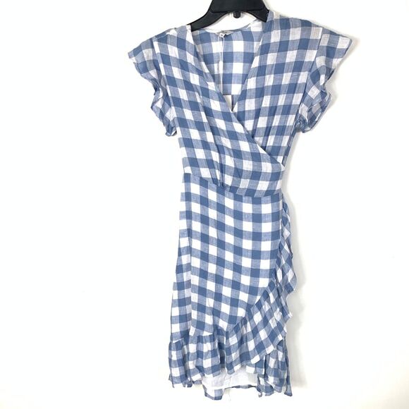 Rails XS Brigitte Wrap Mini Dress Blue Buffalo Plaid Check Short Sleeves Ruffle - Picture 3 of 10